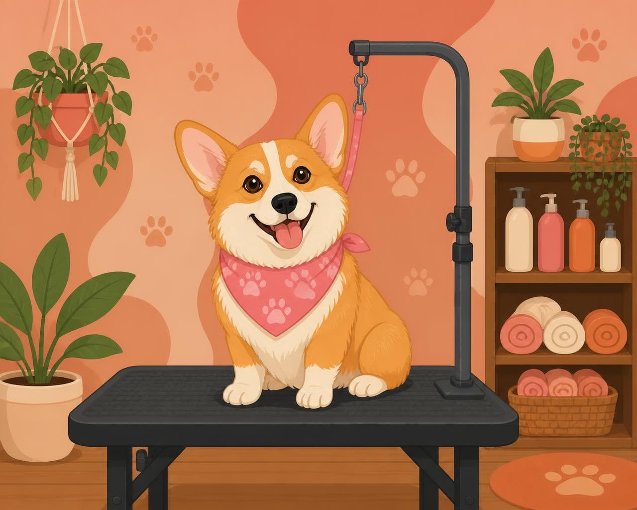 Corgi feliz em um espaço de banho e tosa acolhedor